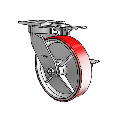 Roulettes sans pivot de la série 4 : roulette pivotante à plaque supérieure équipée d'une roue en polyuréthane Moldon de 8 x 2 (noyau en fonte) et d'un frein à blocage latéral