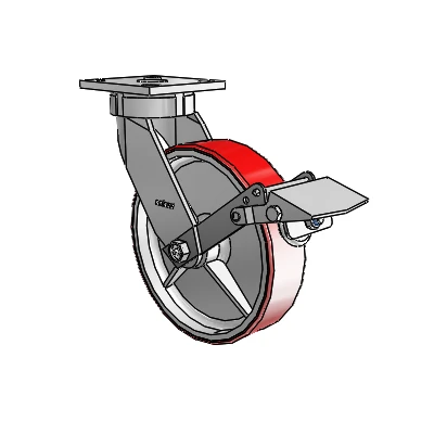 Roulettes sans pivot de la série 4 : roulette pivotante à plaque supérieure équipée d'une roue en polyuréthane Moldon de 8 x 2 (noyau en fonte) et d'un frein Tread Lock