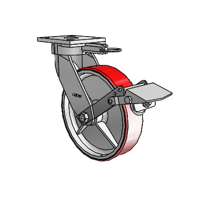 Roulettes sans pivot de la série 4 : roulette pivotante à plaque supérieure équipée d'une roue en polyuréthane Moldon de 8 x 2 (noyau en fonte) et d'un frein Tread Lock