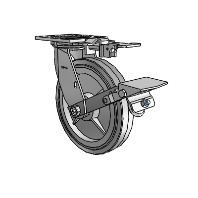 4 roulettes de la série 1 de 1 1/2", à plaque supérieure pivotante en zinc, avec roue en caoutchouc Performa de 8 x 1,5 (plate/grise) et frein à blocage de la bande de roulement