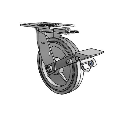 4 roulettes de la série 1 de 1 1/2", à plaque supérieure pivotante en zinc, avec roue en caoutchouc Performa de 8 x 1,5 (plate/grise) et frein à blocage de la bande de roulement