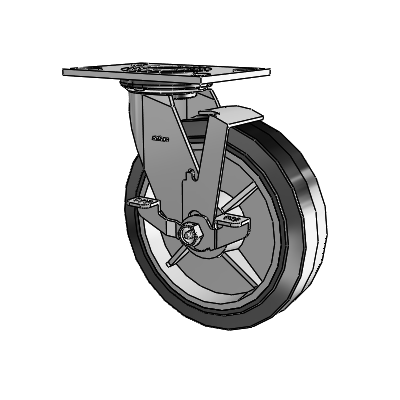 Roulette pivotante de la série 4 avec plaque supérieure de 2 pouces de large, équipée d'une roue en caoutchouc Performa 8 x 2 (plate/noire) et d'un frein de blocage supérieur