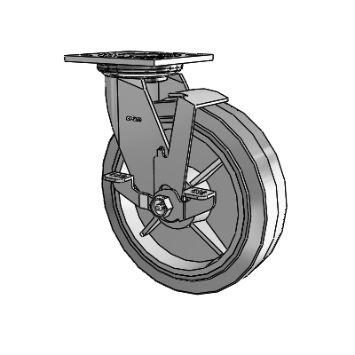 Roulette pivotante de la série 4, avec plaque supérieure de 2 pouces de large, équipée d'une roue en caoutchouc Performa 8 x 2 (plate/grise) et d'un frein de blocage supérieur
