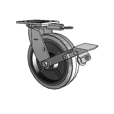 Roulette pivotante de la série 4 avec plaque supérieure de 2 pouces de large, équipée d'une roue en caoutchouc Performa 8 x 2 (plate/conductrice) et d'un frein à blocage de la bande de roulement