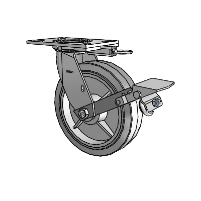 Roulette pivotante de la série 4 avec plaque supérieure de 2 pouces de large, équipée d'une roue en caoutchouc Performa 8 x 2 (plate/grise) et d'un frein à blocage de la bande de roulement