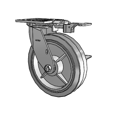 Roulette pivotante de la série 4 avec plaque supérieure de 2 pouces de large, équipée d'une roue en caoutchouc Performa 8 x 2 (plate/grise) et d'un frein à blocage latéral