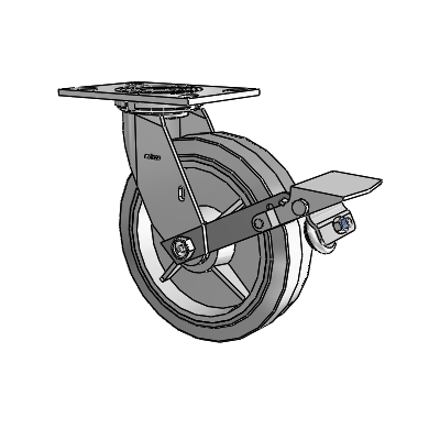 Roulette pivotante de la série 4 avec plaque supérieure de 2 pouces de large, équipée d'une roue en caoutchouc Performa 8 x 2 (plate/grise) et d'un frein à blocage de la bande de roulement