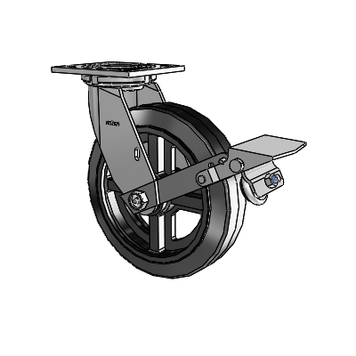 4 Series 2 Inch Wide Top Plate Swivel Caster with 8 x 2 MR - Moldon Rubber (Cast Iron Core) Wheel and Tread Lock Brake