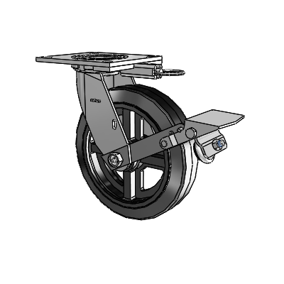 4 Series 2 Inch Wide Top Plate Swivel Caster with 8 x 2 MR - Moldon Rubber (Cast Iron Core) Wheel and Tread Lock Brake