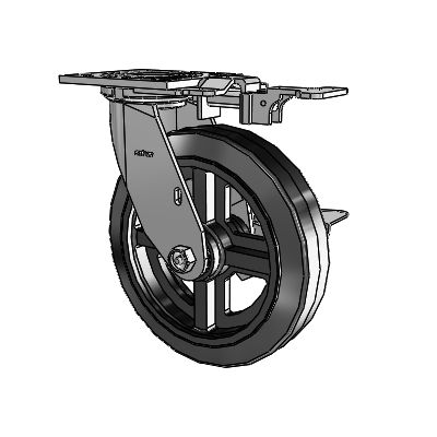 Roulette pivotante de la série 4 avec plaque supérieure de 2 pouces de large, équipée d'une roue 8 x 2 MR - caoutchouc Moldon (noyau en fonte) et d'un frein à blocage latéral