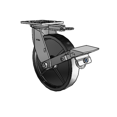 4 roulettes de la série 1 de 1 1/2", à plaque supérieure pivotante en zinc, avec roue en polyoléfine de 8 x 1,5 et frein à blocage de la bande de roulement