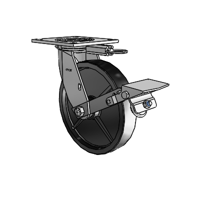4 roulettes de la série 1 de 1 1/2", à plaque supérieure pivotante en zinc, avec roue en polyoléfine de 8 x 1,5 et frein à blocage de la bande de roulement
