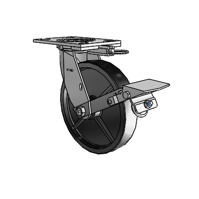 4 roulettes de la série 1 de 1 1/2", à plaque supérieure pivotante en zinc, avec roue en polyoléfine de 8 x 1,5 et frein à blocage de la bande de roulement