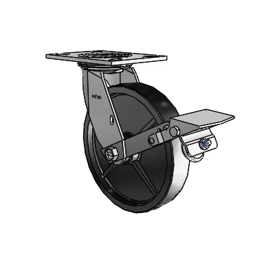 4 roulettes de la série 1 de 1 1/2", à plaque supérieure pivotante en zinc, avec roue en polyoléfine de 8 x 1,5 et frein à blocage de la bande de roulement