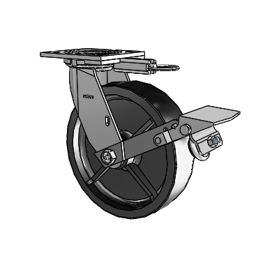 Roulette pivotante de la série 4 avec plaque supérieure de 2 pouces de large, équipée d'une roue en polyoléfine de 8 x 2 et d'un frein à blocage de la bande de roulement