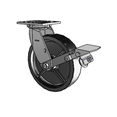 Roulette pivotante de la série 4 avec plaque supérieure de 2 pouces de large, équipée d'une roue en polyoléfine de 8 x 2 et d'un frein à blocage de la bande de roulement