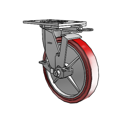 4 roulettes de la série 1 de 1 1/2", à plaque supérieure pivotante en zinc, équipées d'une roue HI-TECH en polyuréthane de 8 x 1,5 et d'un frein de blocage supérieur