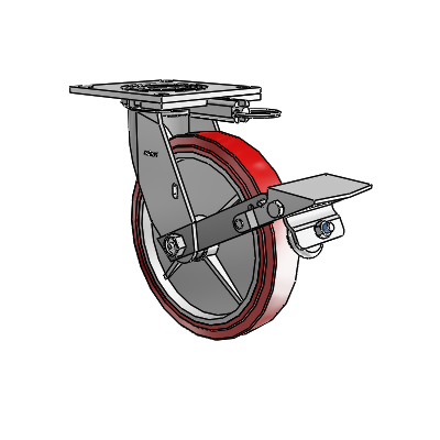 4 roulettes de la série 1 de 1 1/2", à plaque supérieure pivotante en zinc, équipées d'une roue HI-TECH en polyuréthane de 8 x 1,5 et d'un frein à blocage de la bande de roulement