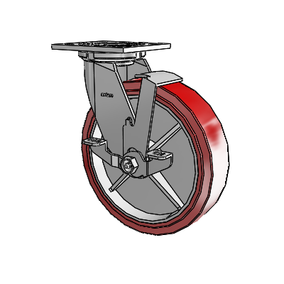 Roulette pivotante de la série 4 avec plaque supérieure de 2 pouces de large, équipée d'une roue HI-TECH en polyuréthane de 8 x 2 et d'un frein de blocage supérieur
