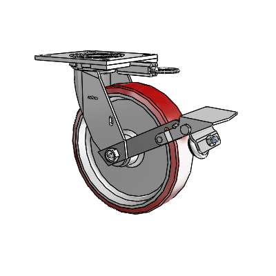 Roulette pivotante de la série 4 avec plaque supérieure de 2 pouces de large, équipée d'une roue en polyuréthane Moldon de 8 x 2 (noyau en aluminium) et d'un frein à blocage de la bande de roulement