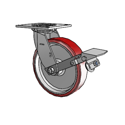 Roulette pivotante de la série 4 avec plaque supérieure de 2 pouces de large, équipée d'une roue en polyuréthane Moldon de 8 x 2 (noyau en aluminium) et d'un frein à blocage de la bande de roulement