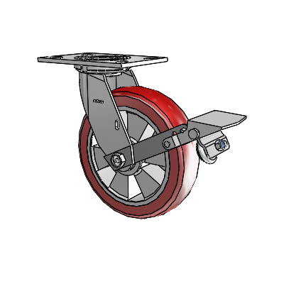 4 Series 2 Inch Wide Top Plate Swivel Caster with 8 x 2 Triumph (Crown/Red) Wheel and Tread Lock Brake