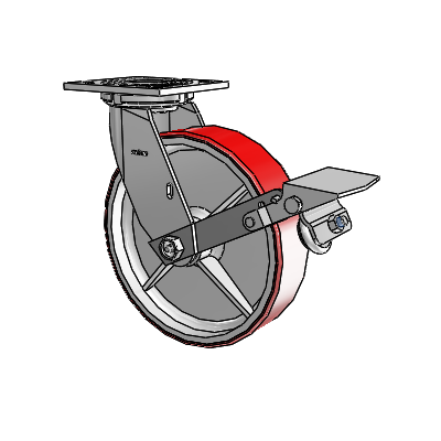 4 Series 2 Inch Wide Top Plate Swivel Caster with 8 x 2 Moldon Polyurethane (Cast Iron Core) Wheel and Tread Lock Brake