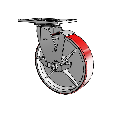 Roulette pivotante de la série 4 avec plaque supérieure de 2 pouces de large, équipée d'une roue en polyuréthane Moldon de 8 x 2 (noyau en fonte) et d'un frein à blocage par le haut