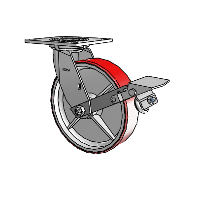Roulette pivotante de la série 4 avec plaque supérieure de 2 pouces de large, équipée d'une roue en polyuréthane Moldon de 8 x 2 (noyau en fonte) et d'un frein à blocage de la bande de roulement