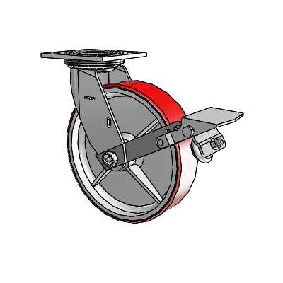 4 Series 2 Inch Wide Top Plate Swivel Caster with 8 x 2 Moldon Polyurethane (Cast Iron Core) Wheel and Tread Lock Brake