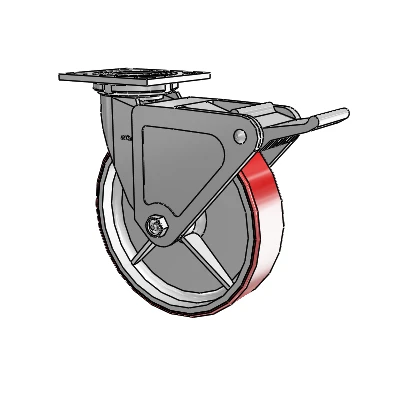 4 Series 2 Inch Wide Top Plate Swivel Caster with 8 x 2 Moldon Polyurethane (Cast Iron Core) Wheel and Tech Lock Brake