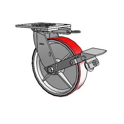 4 Series 2 Inch Wide Top Plate Swivel Caster with 8 x 2 Moldon Polyurethane (Cast Iron Core) Wheel and Tread Lock Brake
