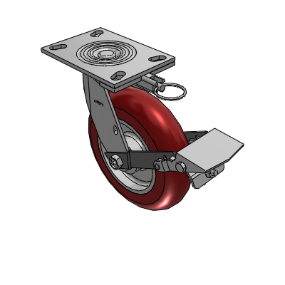 Roulette pivotante de la série 4 avec plaque supérieure de 2 pouces de large, équipée d'une roue marron « CG Max » de 8 x 2 et d'un frein à blocage de la bande de roulement