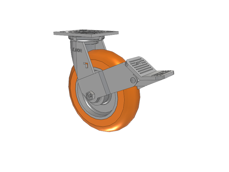 Rueda giratoria con placa superior de la serie 16, con banda de rodadura naranja de 8 x 2 sobre núcleo de aluminio AN: rueda redonda de poliuretano (núcleo de aluminio) y freno frontal