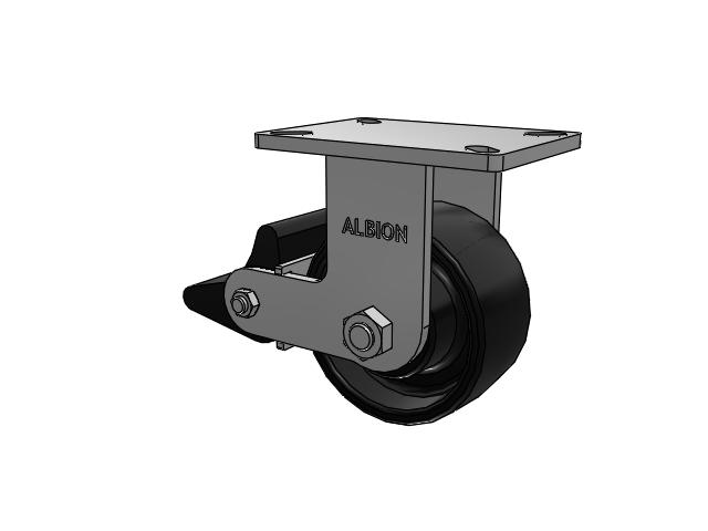 410 Series Top Plate Rigid Caster with 6 x 3 Black Paint FR - Ductile Iron Crowned Tread Wheel and Poly Lock Integrated Brake