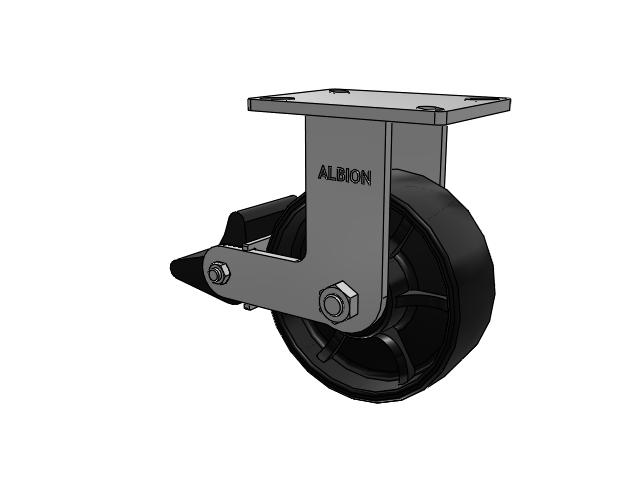 410 Series Top Plate Rigid Caster with 8 x 3 Black Paint FR - Ductile Iron Crowned Tread Wheel and Poly Lock Integrated Brake