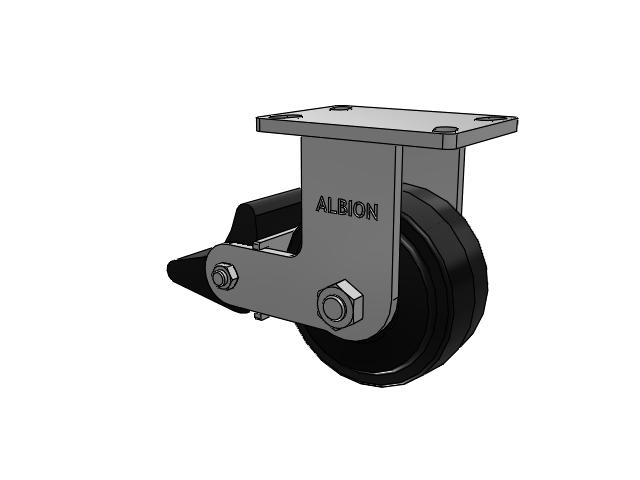 410 Series Top Plate Rigid Caster with 6 x 3 Black Tread on Black Enamel Core MR - Moldon Rubber (Cast Iron Core) Wheel and Poly Lock Integrated Brake