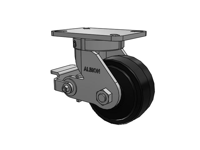 410 Series Top Plate Swivel Caster with 6 x 3 Black Tread on Black Enamel Core MR - Moldon Rubber (Cast Iron Core) Wheel and Poly Cam Brake