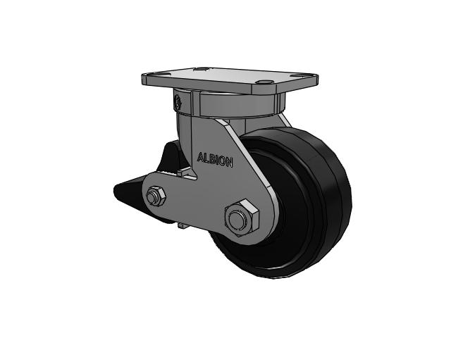 410 Series Top Plate Swivel Caster with 6 x 3 Black Tread on Black Enamel Core MR - Moldon Rubber (Cast Iron Core) Wheel and Poly Lock Integrated Brake