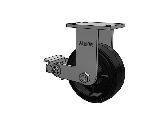 410 Series Top Plate Rigid Caster with 8 x 3 Black Tread on Black Enamel Core MR - Moldon Rubber (Cast Iron Core) Wheel and Poly Cam Brake