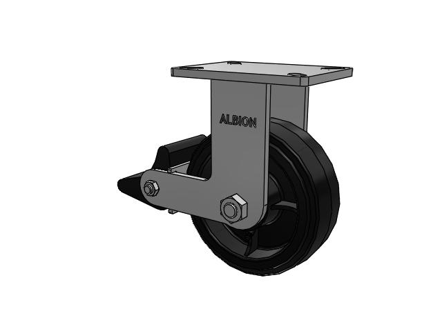 410 Series Top Plate Rigid Caster with 8 x 3 Black Tread on Black Enamel Core MR - Moldon Rubber (Cast Iron Core) Wheel and Poly Lock Integrated Brake