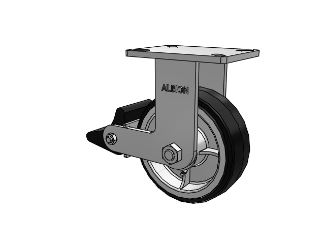 410 Series Top Plate Rigid Caster with 8 x 3 Black Tread on Black Enamel Core MR - Moldon Rubber (Cast Iron Core) Wheel and Poly Lock Integrated Brake