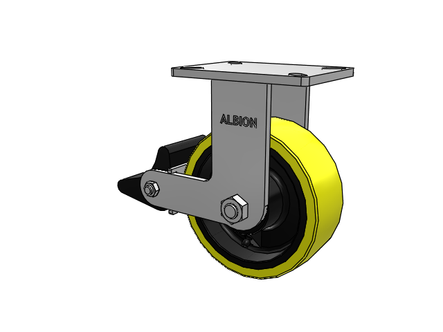 410 Series Top Plate Rigid Caster with 8 x 3 Yellow Tread on Black Cast Iron Core PF - Polyurethane (Heavy Duty Cast Iron Core) Wheel and Poly Lock Integrated Brake