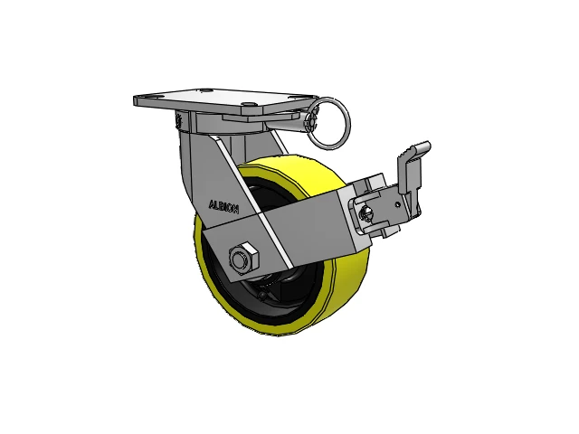 410 Series Top Plate Swivel Caster with 8 x 3 Yellow Tread on Black Cast Iron Core PF - Polyurethane (Heavy Duty Cast Iron Core) Wheel and Face Brake