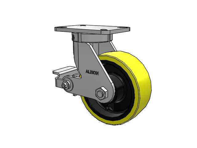 Roulette pivotante à plaque supérieure de la série 410, avec bande de roulement jaune 8 x 3 sur noyau en fonte noire PF - Roue en polyuréthane (noyau en fonte haute résistance) et frein à came en polyuréthane