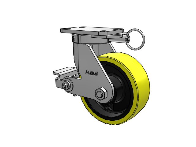410 Series Top Plate Swivel Caster with 8 x 3 Yellow Tread on Black Cast Iron Core PF - Polyurethane (Heavy Duty Cast Iron Core) Wheel and Poly Cam Brake