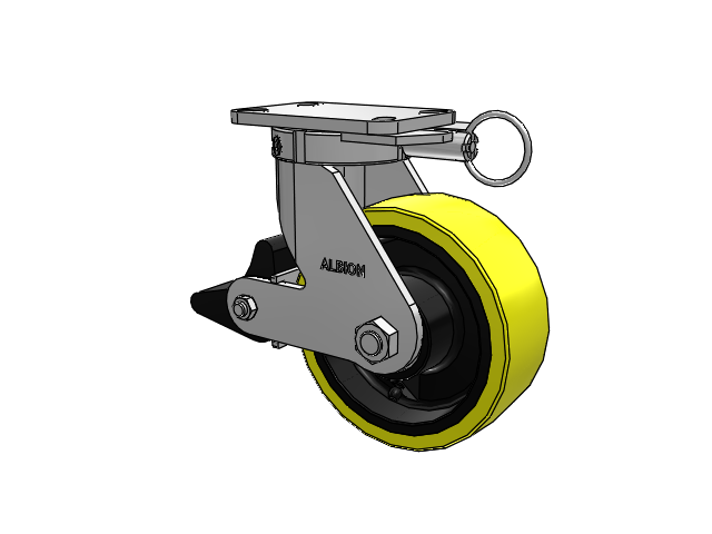 410 Series Top Plate Swivel Caster with 8 x 3 Yellow Tread on Black Cast Iron Core PF - Polyurethane (Heavy Duty Cast Iron Core) Wheel and Poly Lock Integrated Brake