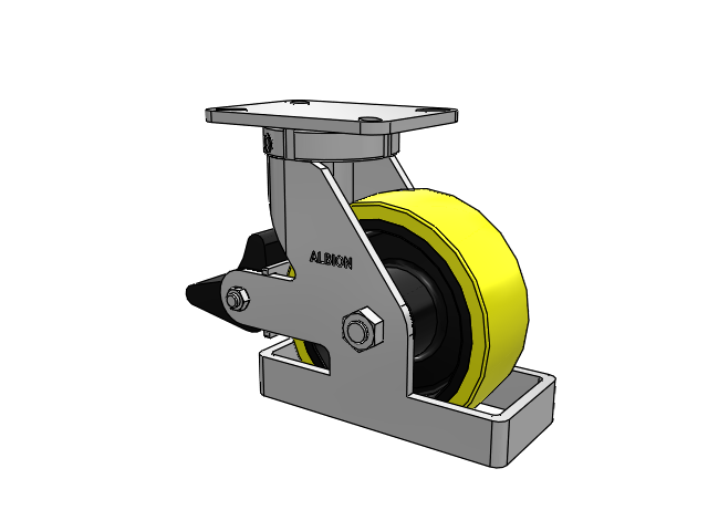 410 Series Top Plate Swivel Caster with 8 x 3 Yellow Tread on Black Cast Iron Core PF - Polyurethane (Heavy Duty Cast Iron Core) Wheel and Poly Lock Integrated Brake