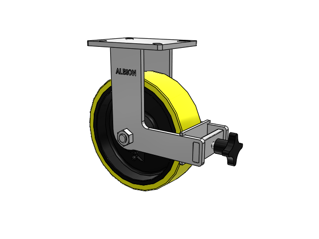 410 Series Top Plate Rigid Caster with 10 x 3 Yellow Tread on Black Cast Iron Core PF - Polyurethane (Heavy Duty Cast Iron Core) Wheel and Face Brake