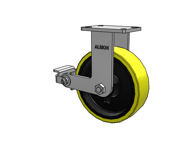 410 Series Top Plate Rigid Caster with 10 x 3 Yellow Tread on Black Cast Iron Core PF - Polyurethane (Heavy Duty Cast Iron Core) Wheel and Poly Cam Brake